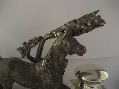 UNIQUE EQUESTRIAN INKSTAND SILVER PLATE AND SPELTER