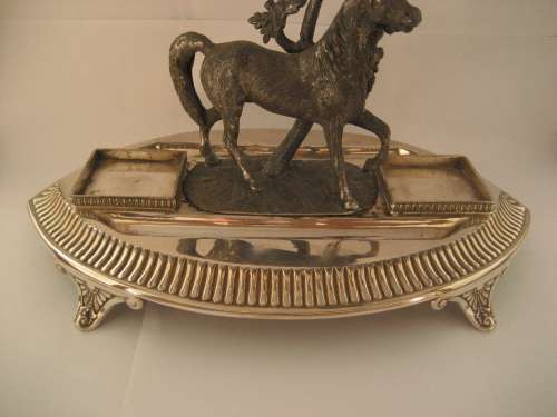 UNIQUE EQUESTRIAN INKSTAND SILVER PLATE AND SPELTER