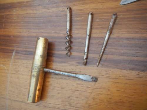 Vintage brass multi tool and 2x pocket knives