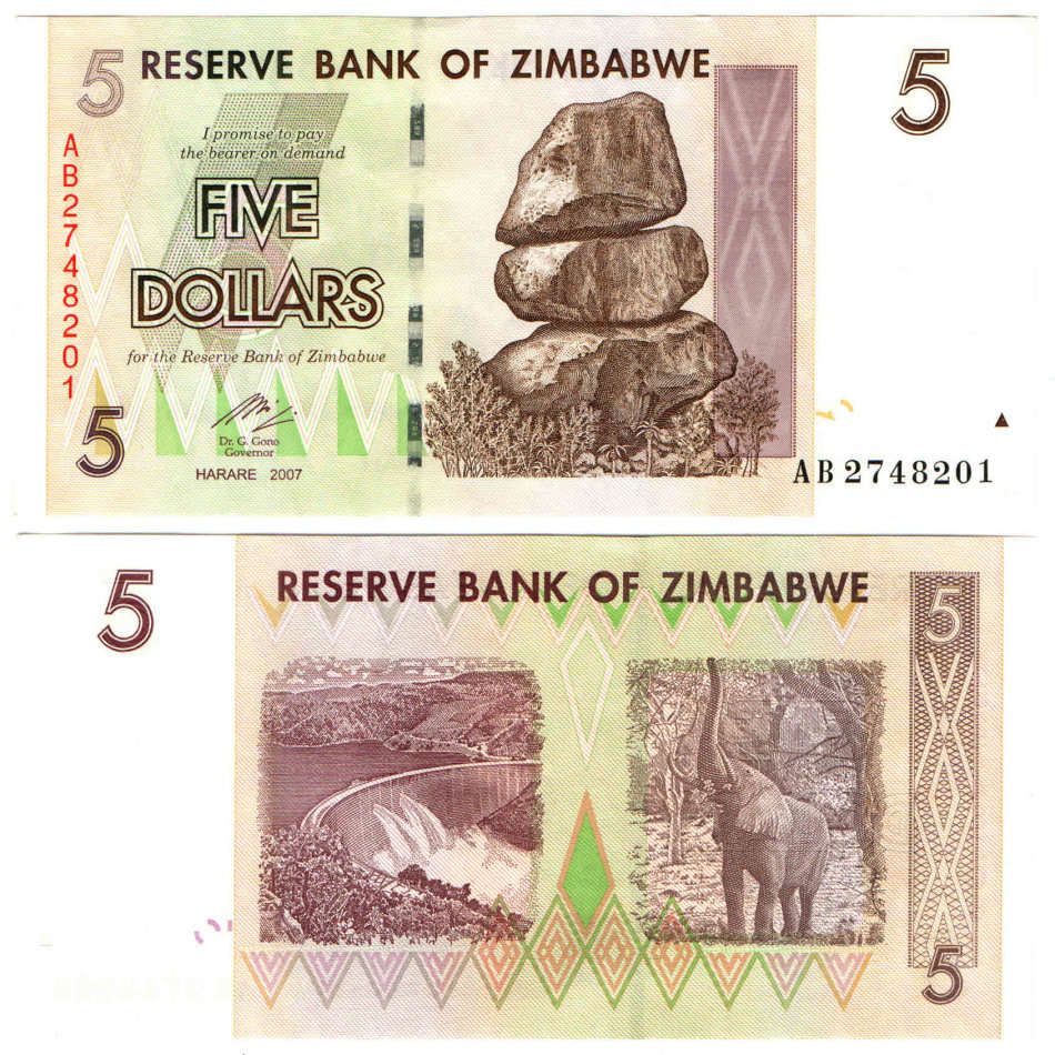 Zimbabwe - 5 Dollars 2007 UNC