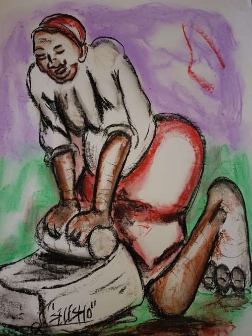 SELESHO  -GRINDER FRONT VIEW -X LARGE- 510MM X 640MM-VALUED AT R5000