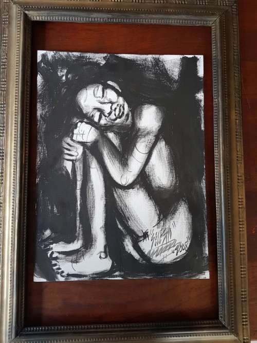 SELESHO  -"PONDER" LARGE OIL PAINTING - 600mm(60cm) X 450mm(45cm)