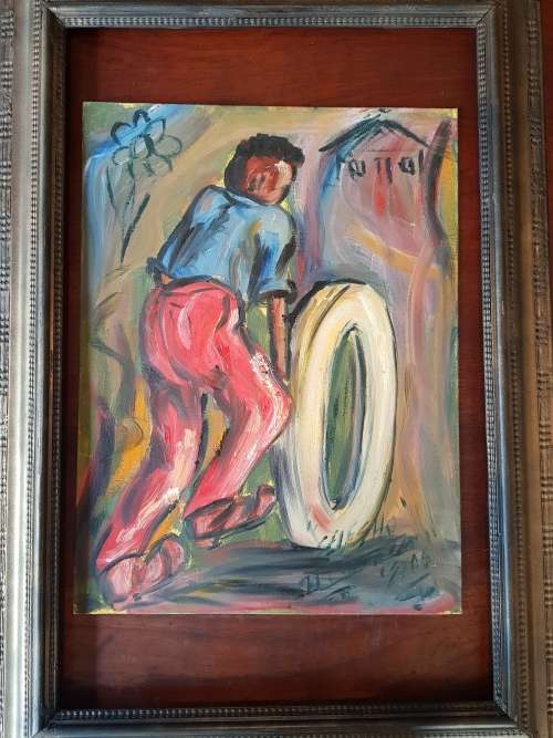 SELESHO  -"THE CONTENT WHEELER" LARGE OIL PAINTING - 600mm(60cm) X 450mm(45cm)
