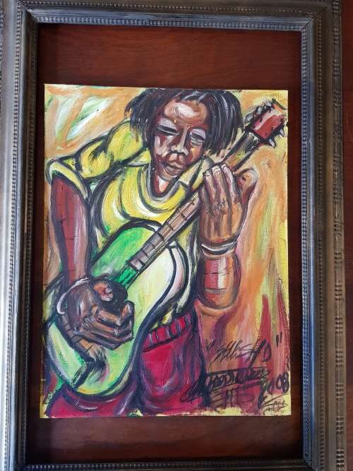 SELESHO  -"THE GUITAR MAN PLAYS ON" LARGE OIL PAINTING - 600mm(60cm) X 450mm(45cm)
