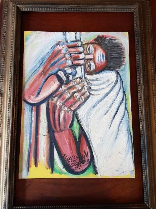 SELESHO  -"THE MUSIC PLAYS" LARGE OIL PAINTING - 600mm(60cm) X 450mm(45cm)