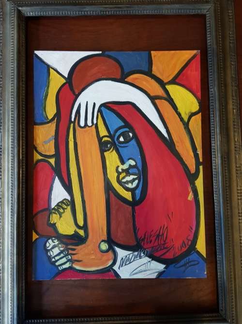 SELESHO  -"THE RAINBOW THINKER " LARGE OIL PAINTING - 600mm(60cm) X 450mm(45cm)