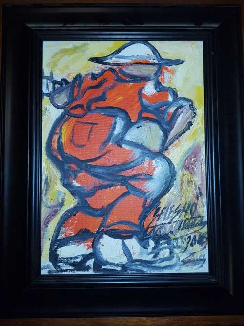 SELESHO -FRAMED OIL PAINTING-THE MUSIC MAN-VALUED AT R6000 LATE ENTRY