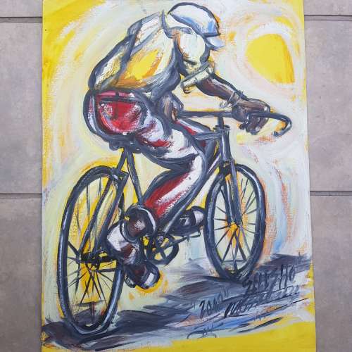 SELESHO  -" BICYCLE " LARGE OIL PAINTING - 600mm(60cm) X 450mm(45cm)YEAR END XMAS BONANZA