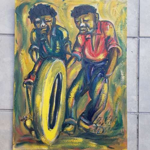 SELESHO  -"  FUN TWINS" LARGE OIL PAINTING - 600mm(60cm) X 450mm(45cm)YEAR END XMAS BONANZA