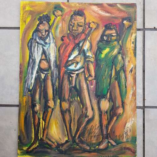SELESHO(95% COLLECTION SOLD) " THE INITIATES" LARGE OIL PAINTING - 600mm(60cm) X 450mm(45cm)YEAREND