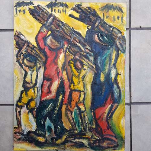 SELESHO(95% COLLECTION SOLD) " THE HARVESTERS" LARGE OIL PAINTING - 600mm(60cm) X 450mm(45cm)YEAREND