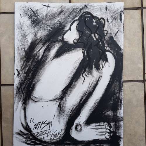 SELESHO(95% COLLECTION SOLD) " PONDERINGBEAUT" LARGE OIL PAINTING - 600mm(60cm) X 450mm(45cm)YEAREND