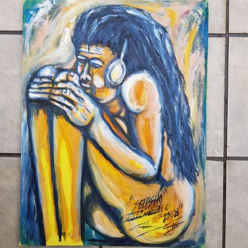 SELESHO(95% COLLECTION SOLD) " THE THOUGHT" LARGE OIL PAINTING - 600mm(60cm) X 450mm(45cm)YEAREND