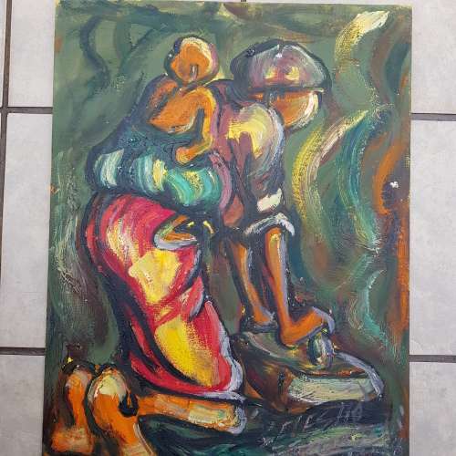 SELESHO(95% COLLECTION SOLD) " THE GRINDSTO 2" LARGE OIL PAINTING - 600mm(60cm) X 450mm(45cm)YEAREND