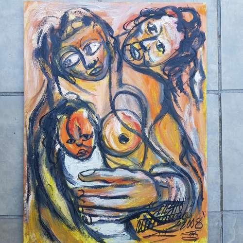 SELESHO " MOTHER / CHILDREN 1" LARGE OIL PAINTING - 600mm(60cm) X 450mm(45cm)99% 2008 COLLECTIONSOLD