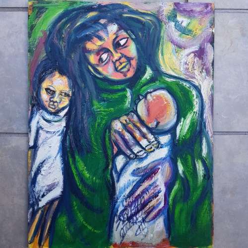 SELESHO " MOTHER /CHILDREN 2 " LARGE OIL PAINTING - 600mm(60cm) X 450mm(45cm)99% 2008 COLLECTIONSOLD
