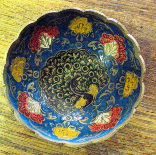 Brass bowl decorated with peacocks (inside and outside