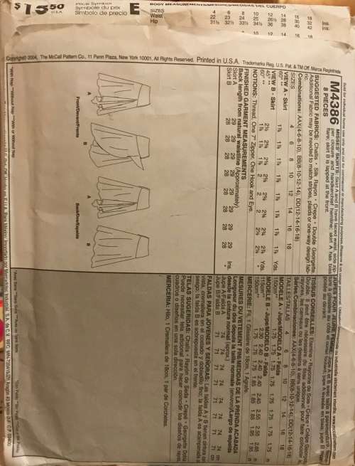 Mccalls 4386 sewing pattern, size 4-10 beautiful skirts, 2 variants
