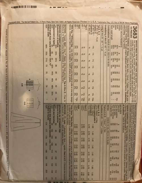 Mccalls 3683 sewing pattern, size 6-12, evening elegance beautiful lined top and skirt.