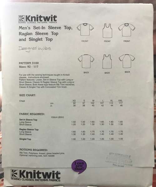 Pattern Knitwit 3100, men`s set-in sleeve, Raglan sleeve and single top, size xs-xxl