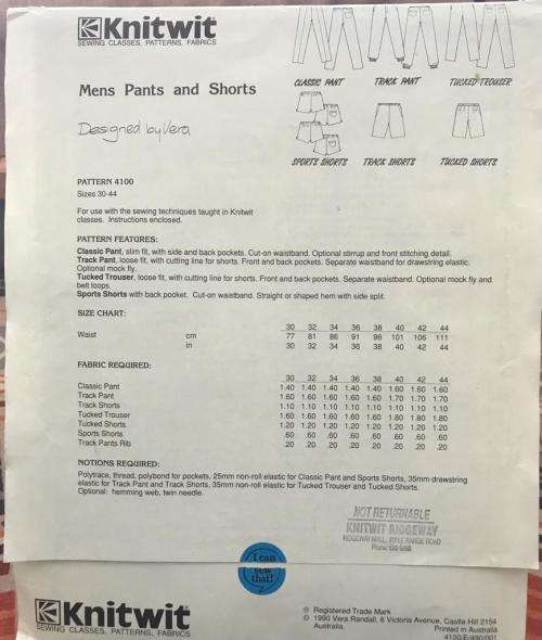 Pattern Knitwit no.4100, men`s pants and shorts, size 30-44,