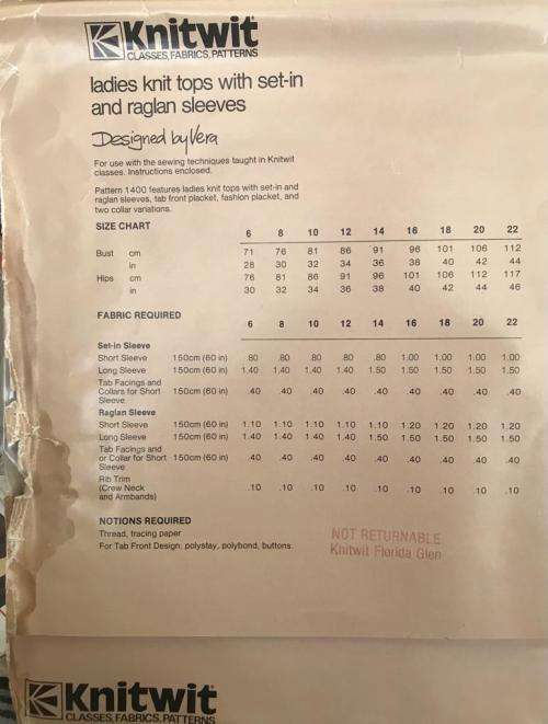 Pattern Knitwit no.1400, ladies knit tops with set-in reglan sleeves, size 6-22
