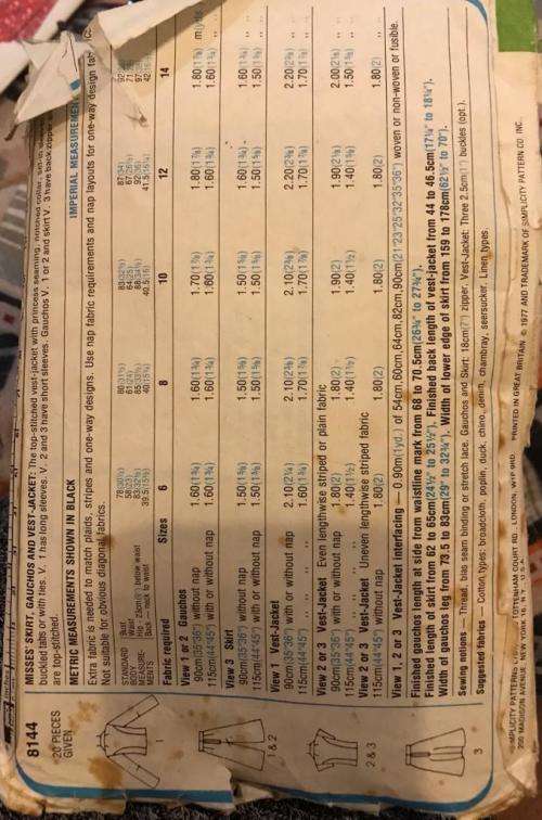 Sewing pattern Simplicity 8144, ladies` skirt gauchos andvest-jacket