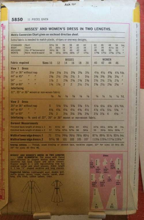Simplicity 5850 sewing pattern, size 40-42, ladies` vintage dress in 2 lengths