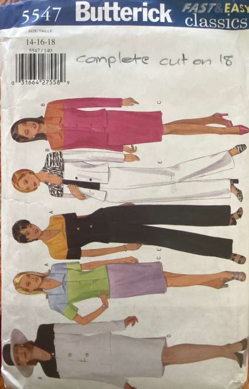 Sewing pattern Butterick 5547, ladies jacket, skirt and pants, size 14-18