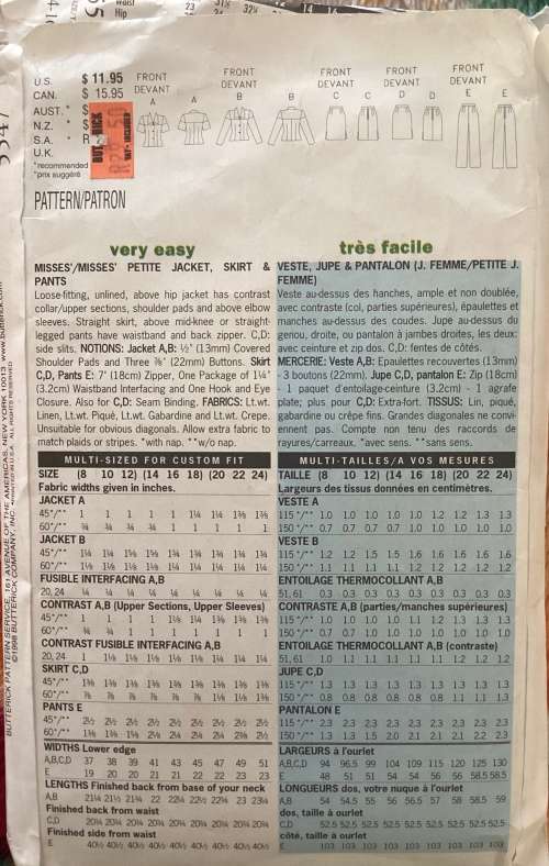 Sewing pattern Butterick 5547, ladies jacket, skirt and pants, size 14-18