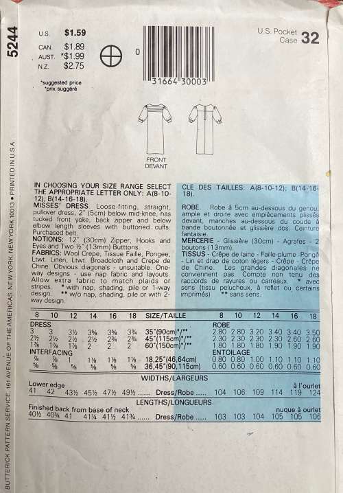 Sewing pattern Butterick 5244, ladies dress, size 14-18