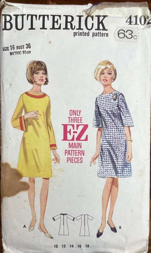 Sewing pattern Butterick 4102, ladies vintage one piece dress, size 16