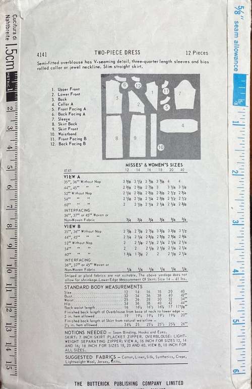 Sewing pattern Butterick 4141, ladies vintage 2 piece dress, size 16