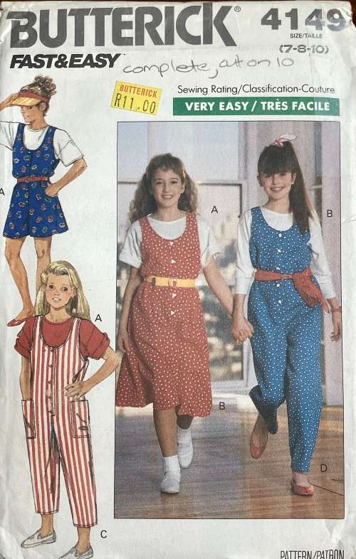 Sewing pattern Butterick 4149, girls jumpsuit, jumper and top, size 7-8-10