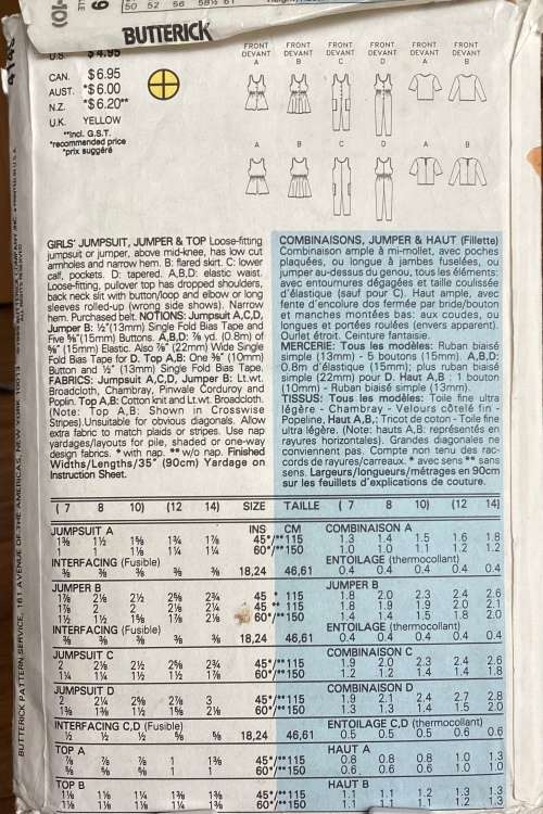 Sewing pattern Butterick 4149, girls jumpsuit, jumper and top, size 7-8-10