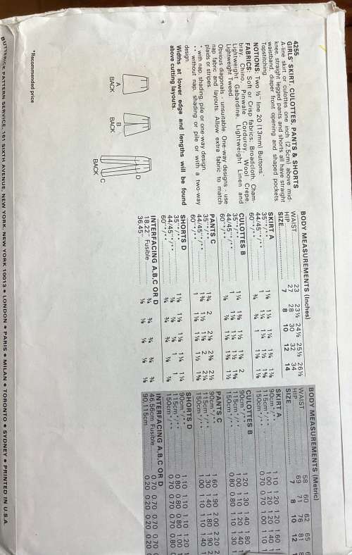 Sewing pattern Butterick 4255, girls vintage skirt,culottes, pants and shorts, size 10
