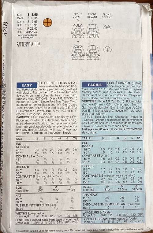 Sewing pattern Butterick 4269, toddlers dress and hat, size 5-6-6X