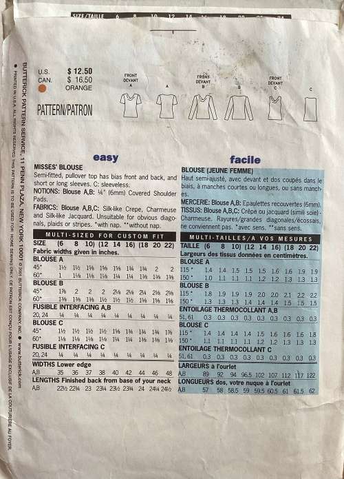 Sewing pattern Butterick 3131, ladies blouse, size 6-10