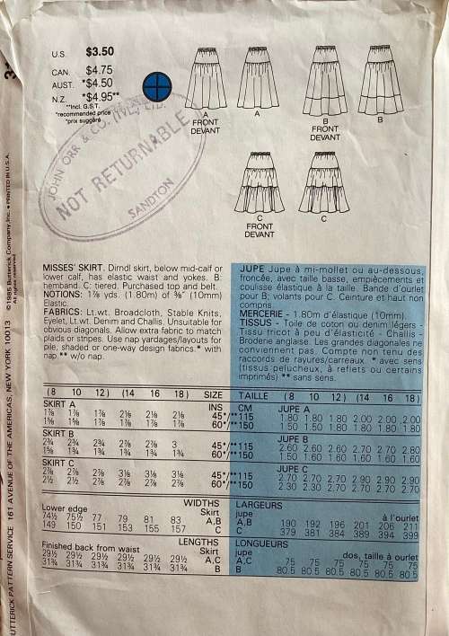 Sewing pattern Butterick 3185, ladies skirts, size 8-12