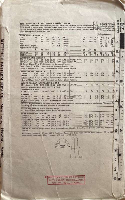 Sewing pattern Butterick 3818, toddlers jumpsuit & jacket, size 4