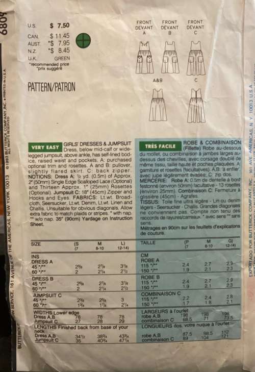 Sewing pattern Butterick 6809, girls dresses & jumpsuit, size ALL SIZES