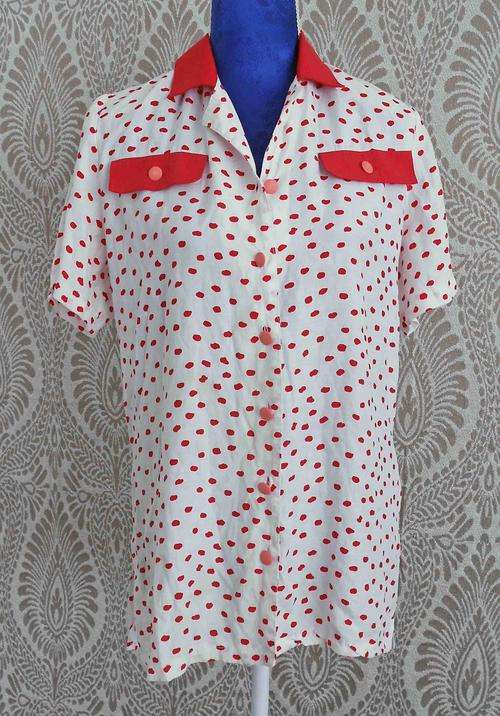Vintage 80's Cream & Red Polkadot Blouse*Retro*Size L/XL