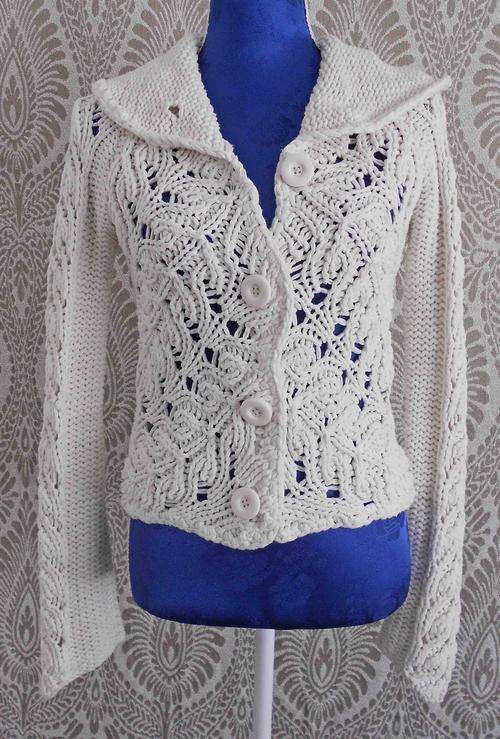 SALE!!Vintage Mango Chunky Cable Knit Crochet Jacket / Cardigan* Off-White* Large Collar *Size Small
