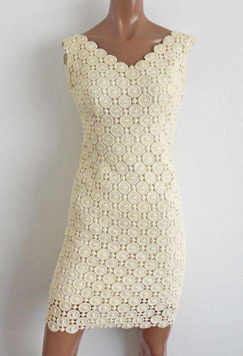 VINTAGE*Original 60's Crochet Summer Fitted Dress* Cream/ Off-white* Small