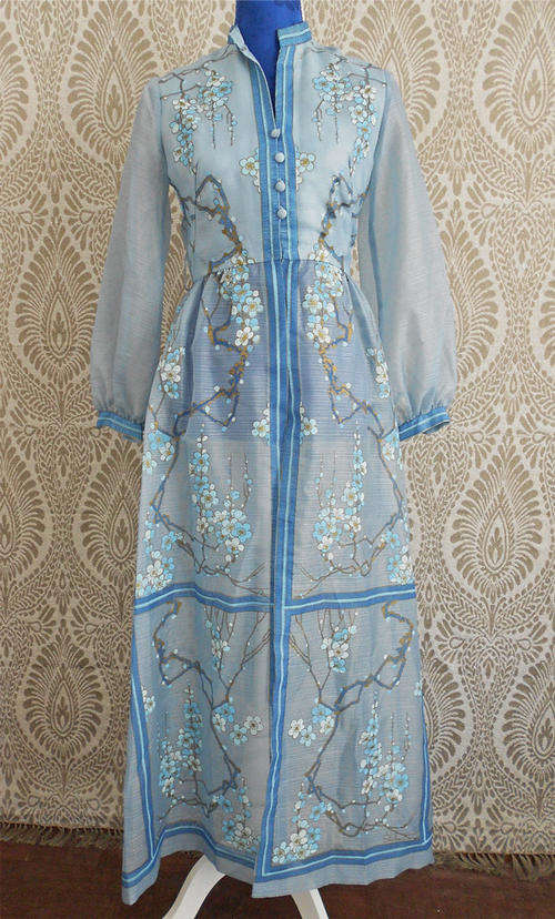 VINTAGE* Original 60's Designer Maxi Dress/ Coat* SHAHEEN* handpainted* cherryblossoms