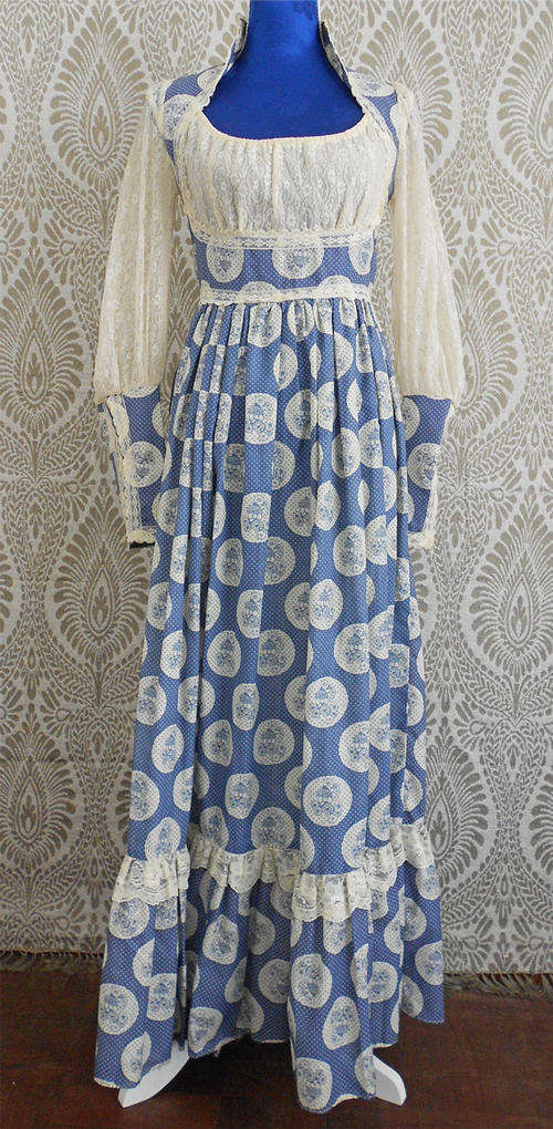 VINTAGE*Original 70's Designer GUNNE SAX Maxi Dress* Lace* Polkadot