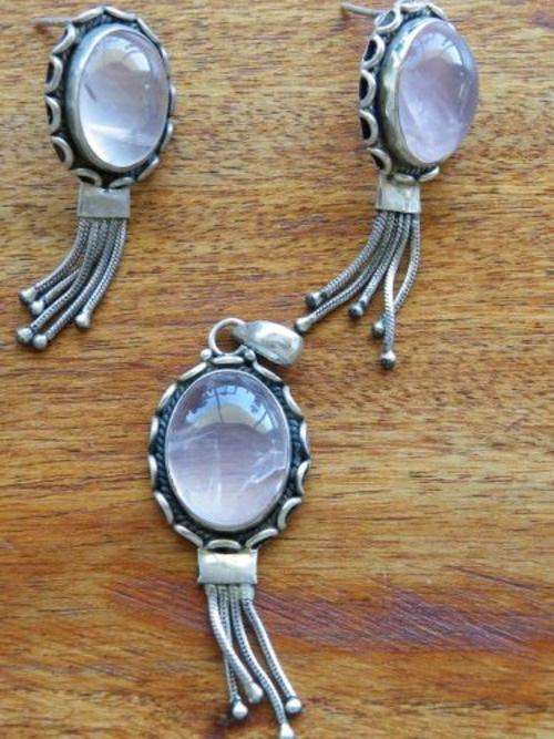 Rose Quartz .925 Silver Pendant and Earrings