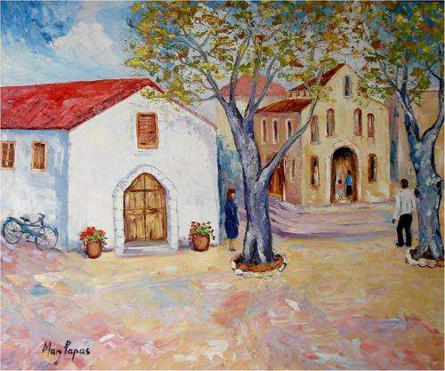 Village Square,  oil painting by Mary Papas