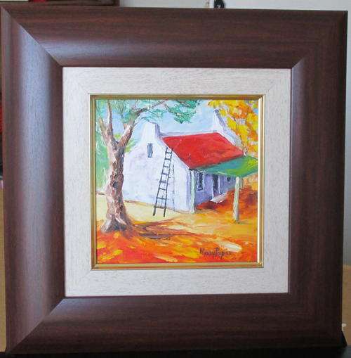 Farmhouse 1, framed oil painting by Mary Papas