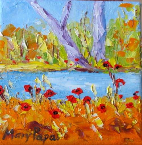 Poppies by the river,  oil painting by Mary Papas